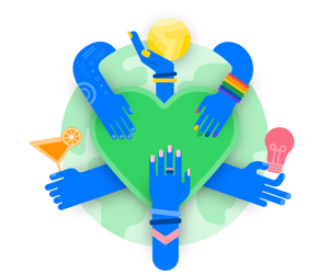 Colorful illustration with diverse hands, lightbulb, and creative elements around green heart shape representing keylight careers and team culture