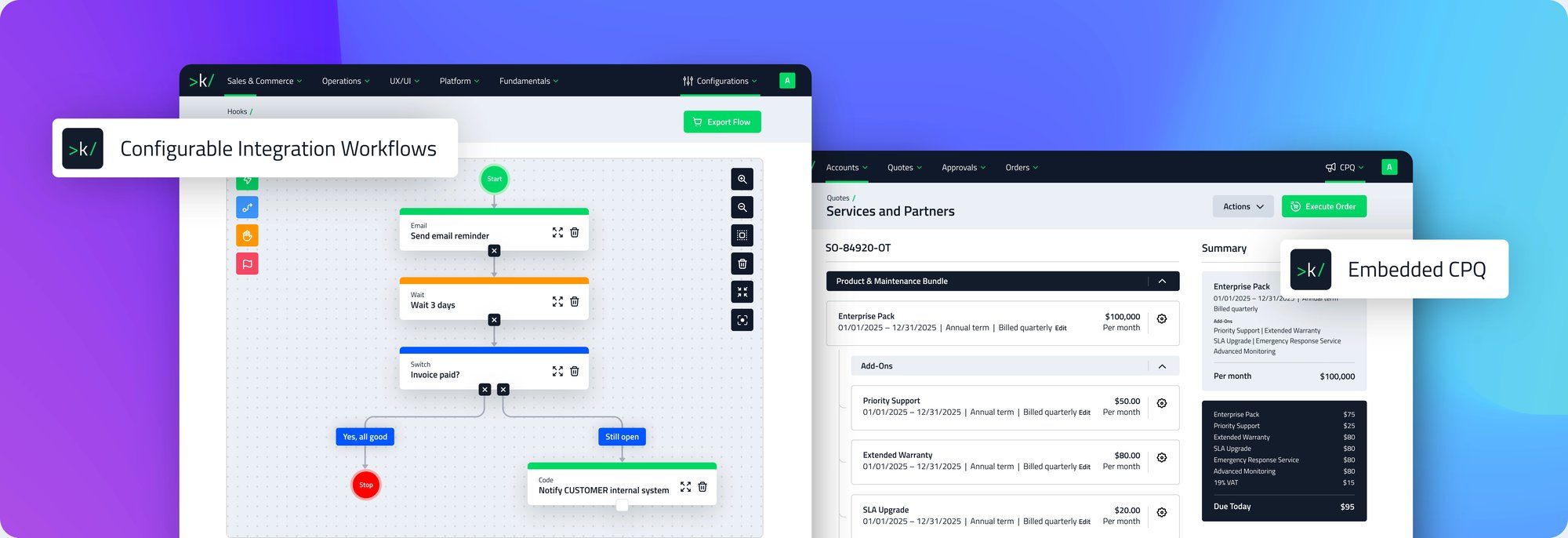 Configurable integration workflow editor beside an embedded CPQ quote with a product and add-on bundle Configurable integration workflow editor beside an embedded CPQ quote with a product and add-on bundle