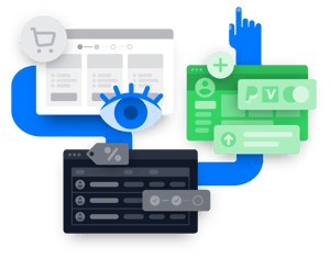 Illustration of a blue eye, shopping cart, payment interfaces with PayPal and Visa icons, and user management dashboards representing a superior technological foundation for subscription operations and business intelligence