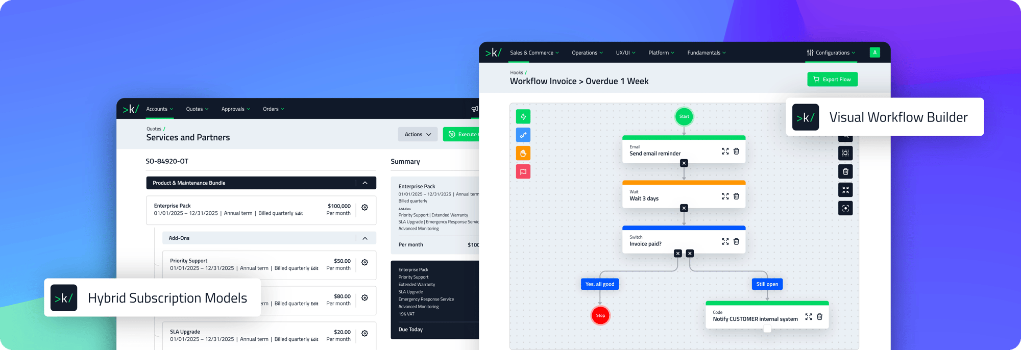 keylight Order Builder showing a product and maintenance bundle with add-ons, alongside the Flow Builder with an automated overdue invoice reminder