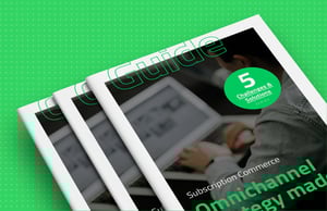 keylight subscription commerce guide magazine stack featuring 5 challenges and solutions with omnichannel strategy messaging on bright green dotted background design